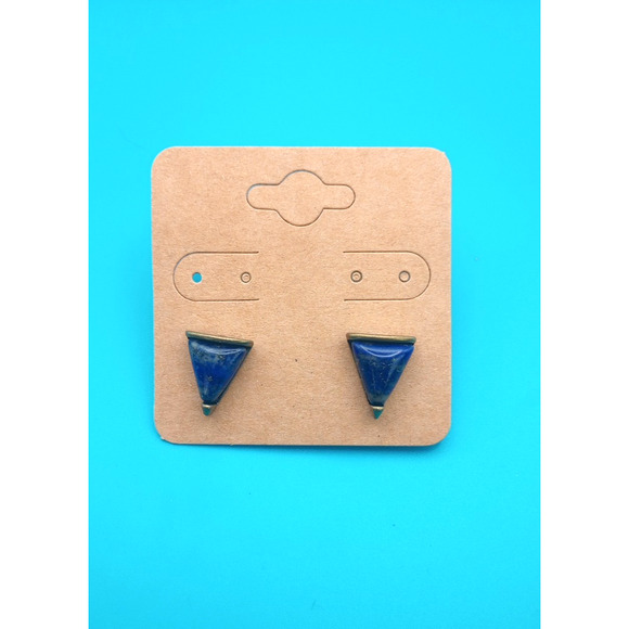 Lapis Lazuli Triangle Stud Earrings Blue Gold Pierced - Picture 1 of 3